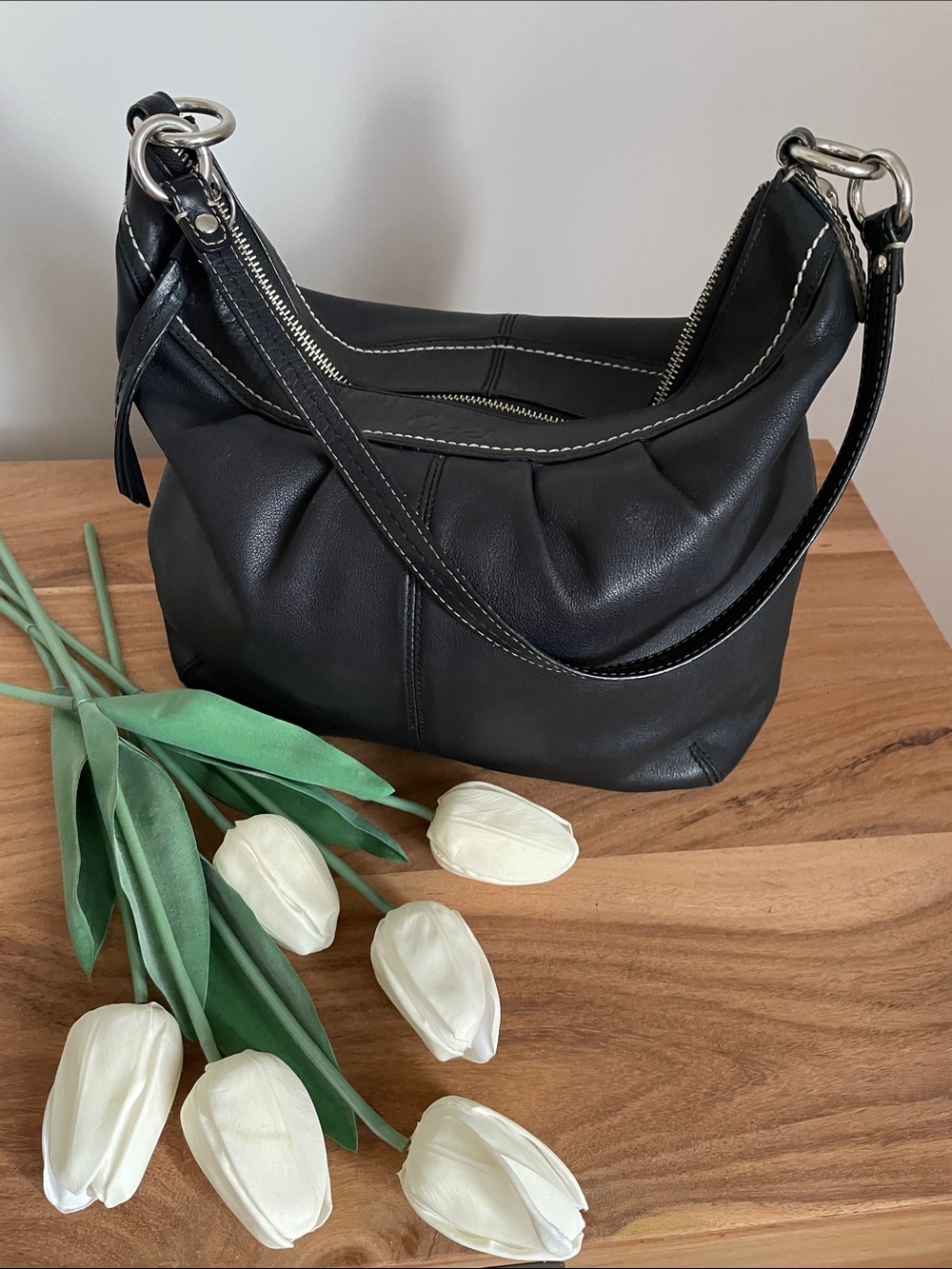 Coach   Black Leather Hobo Shoulder Bag with White Stitching